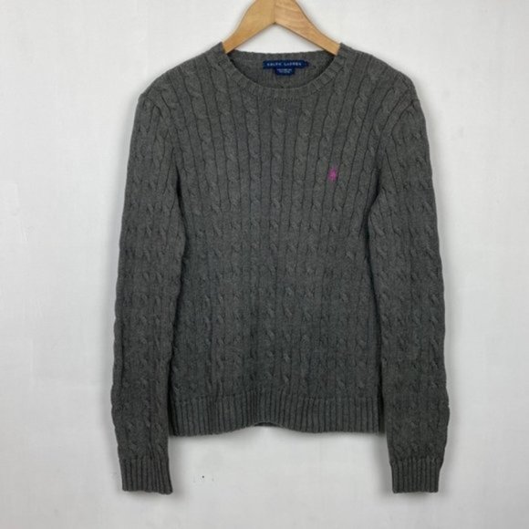 Ralph Lauren Cable Knit Sweater Gray & Purple Classic Preppy Cotton Large - Picture 2 of 13